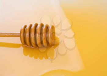 puddle of honey with wooden stick as background