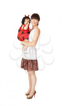 Beautiful happy mother with baby daughter isolated on white background 