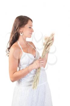 young beautiful pregnant woman with harvest isolated on white background