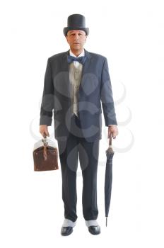 Middle aged  businessman in a retro business suit with valise and umbrella isolated on white.