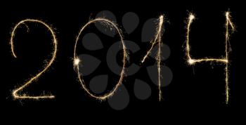 Digits 2014 written with sparklers isolated on black