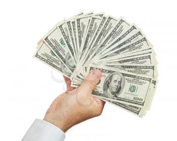 hand of businessman holding money isolated on white background
