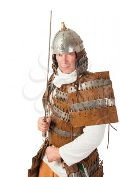 medieval warrior man wearing in ancient armor with sword