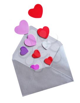 Envelope with foam shapes hearts for valentine day on white background 