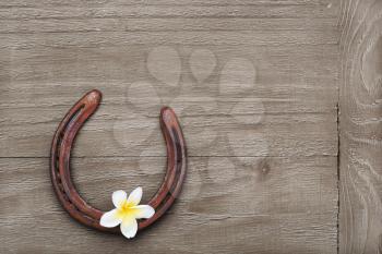 Vintage wooden background with horseshoe and frangipani flower