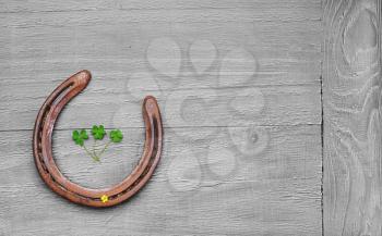 Vintage wooden background with horseshoe and clover leaves