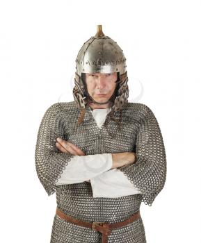 medieval warrior man wearing in ancient armor on white