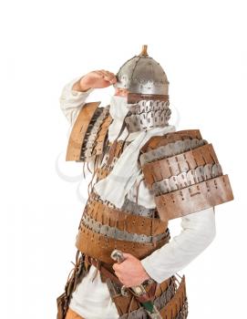 medieval warrior man wearing in ancient armor on white