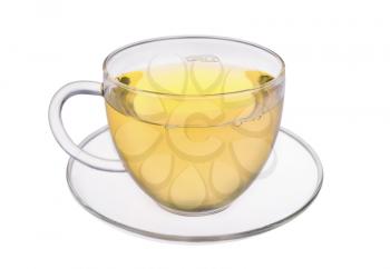 Glass cup of fresh green tea isolated on white background 
