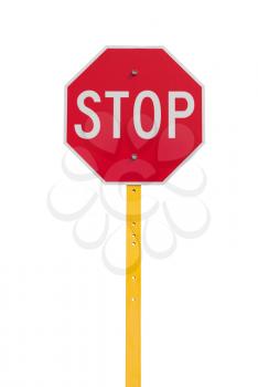 stop sign with reflective surface on yellow pole isolated on white background