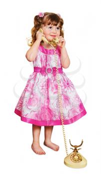 little girl talking on retro phone isolated on white