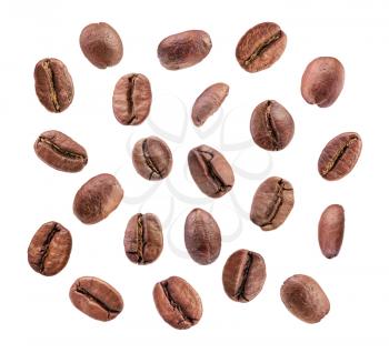 Set of roasted coffee beans macro shots isolated on white background