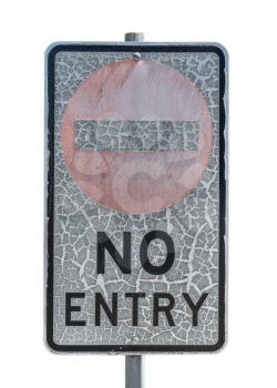 old no entry traffic sign with paint craquelure on white  background