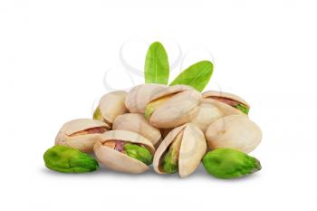 Pistachio nuts with leaf isolated on white background