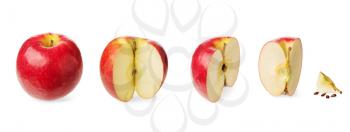 Fresh whole apple, cut in a half,three-quarter, quarter, up to zero isolated on white background
Concept of the decreasing, reduction or subsidence and stages of a process