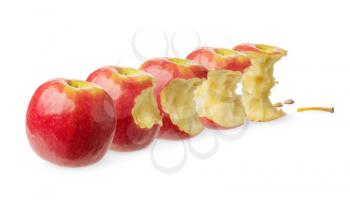  Fresh whole apple, slightly bitten, tested likely to be eaten, nearly eaten, already eaten isolated on white background. 
Concept of the consumption, expenditure, expense and stages of a process
