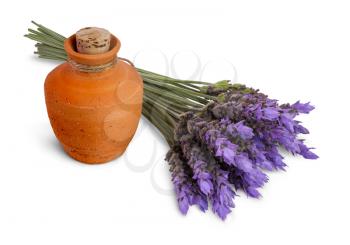 bundle of lavender flowers and ceramic pot with essential oil isolated on white background
