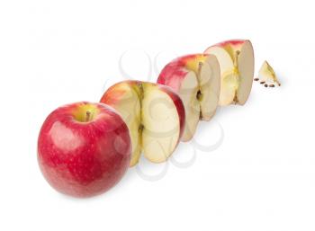 Fresh whole apple, cut in a half,three-quarter, quarter, up to zero isolated on white background
Concept of the decreasing, reduction or subsidence and stages of a process