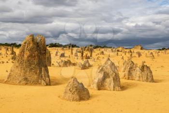 Yellow sand dunes and  limestone  pillars  Pinnacles Desert in the Nambung National Park, Western Australia.