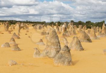 Yellow sand dunes and  limestone  pillars  Pinnacles Desert in the Nambung National Park, Western Australia.
Selective focus on the front rocks.