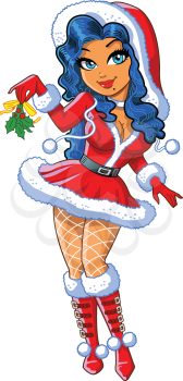 Royalty Free Clipart Image of a Pretty Girl in a Santa Suit