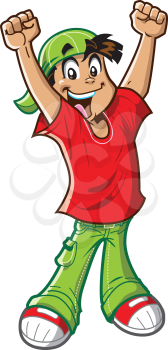 Royalty Free Clipart Image of a Cheering Boy in a Ball Cap