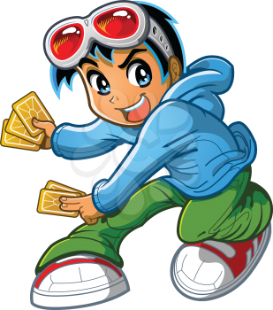 Royalty Free Clipart Image of an Anime Manga Boy With Cards