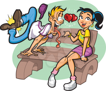 Royalty Free Clipart Image of a Man in Love With a Girl on a Bench