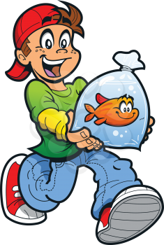 Royalty Free Clipart Image of a Boy With a Goldfish in a Bag