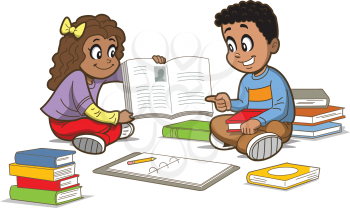 Royalty Free Clipart Image of a Boy and Girl With Books on the Floor