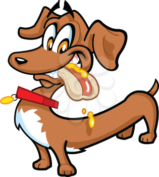Royalty Free Clipart Image of a Dachshund With a Hotdog