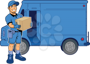 Royalty Free Clipart Image of a Deliveryman By a Van