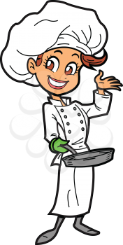 Royalty Free Clipart Image of a Female Chef With a Frying Pan