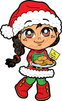 Royalty Free Clipart Image of a Girl in a Santa Costume Carrying Cookies