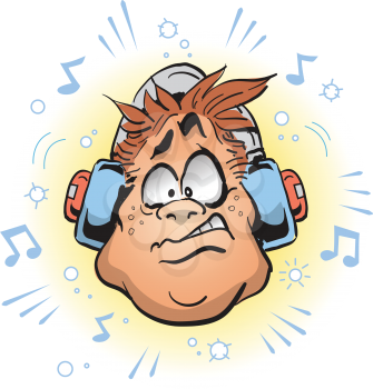 Royalty Free Clipart Image of a Man Wearing Headphones That Are Too Loud