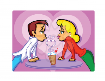 Cartoon of Young Couple on a Romantic Date Sharing a Milkshake