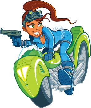 Royalty Free Clipart Image of a Girl With a Gun on a Motorcycle
