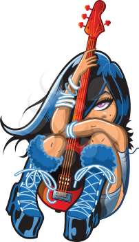 Royalty Free Clipart Image of a Girl Hugging a Guitar