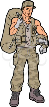 Royalty Free Clipart Image of a Soldier and Duffle Bag