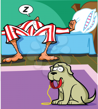 Royalty Free Clipart Image of a Dog Waiting for Its Owner to Wake Up