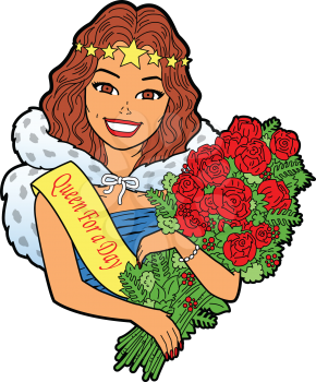 Royalty Free Clipart Image of a Queen for a Day Holding Flowers