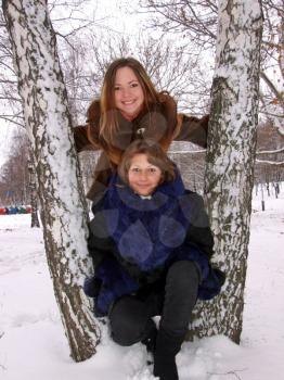 Royalty Free Photo of Two Girls in a Park in Winter