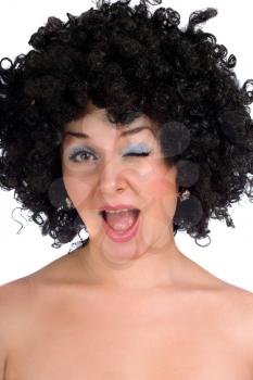 Royalty Free Photo of a Woman in a Funny Black Wig