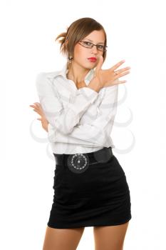 Royalty Free Photo of a Woman in a Short Black Skirt and White Blouse