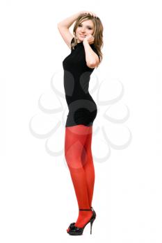 Royalty Free Photo of a Woman in a Black Dress and Red Tights
