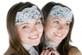 Royalty Free Photo of a Woman Wearing a Lace Headband and Gloves Reflected in a Mirror