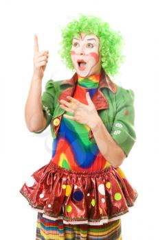 Royalty Free Photo of a Female Clown Pointing Up
