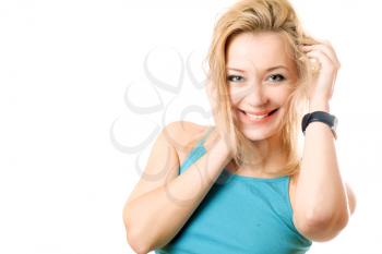 Royalty Free Photo of a Woman With Her Hands at Her Head