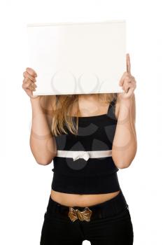 Royalty Free Photo of a Woman Covering Her Face With a Sign