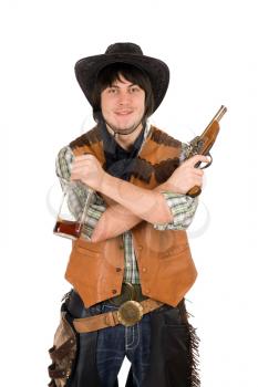 Royalty Free Photo of a Cowboy With a Bottle and a Gun